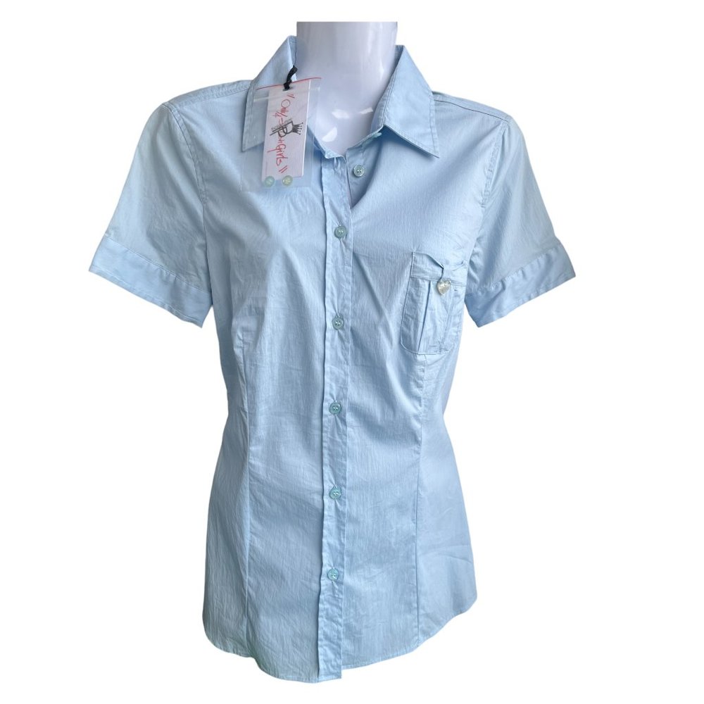 PATRIZIA PEPE top sky blue button-up short sleeve collared cotton blend size S